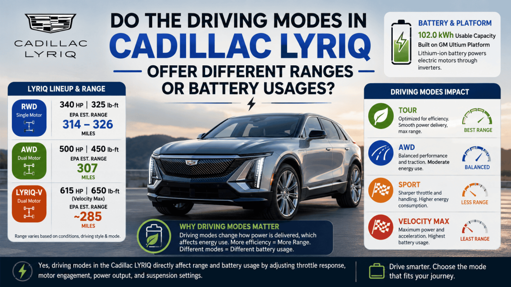Do the Driving Modes in Cadillac LYRIQ Offer Different Ranges or Battery Usages?
